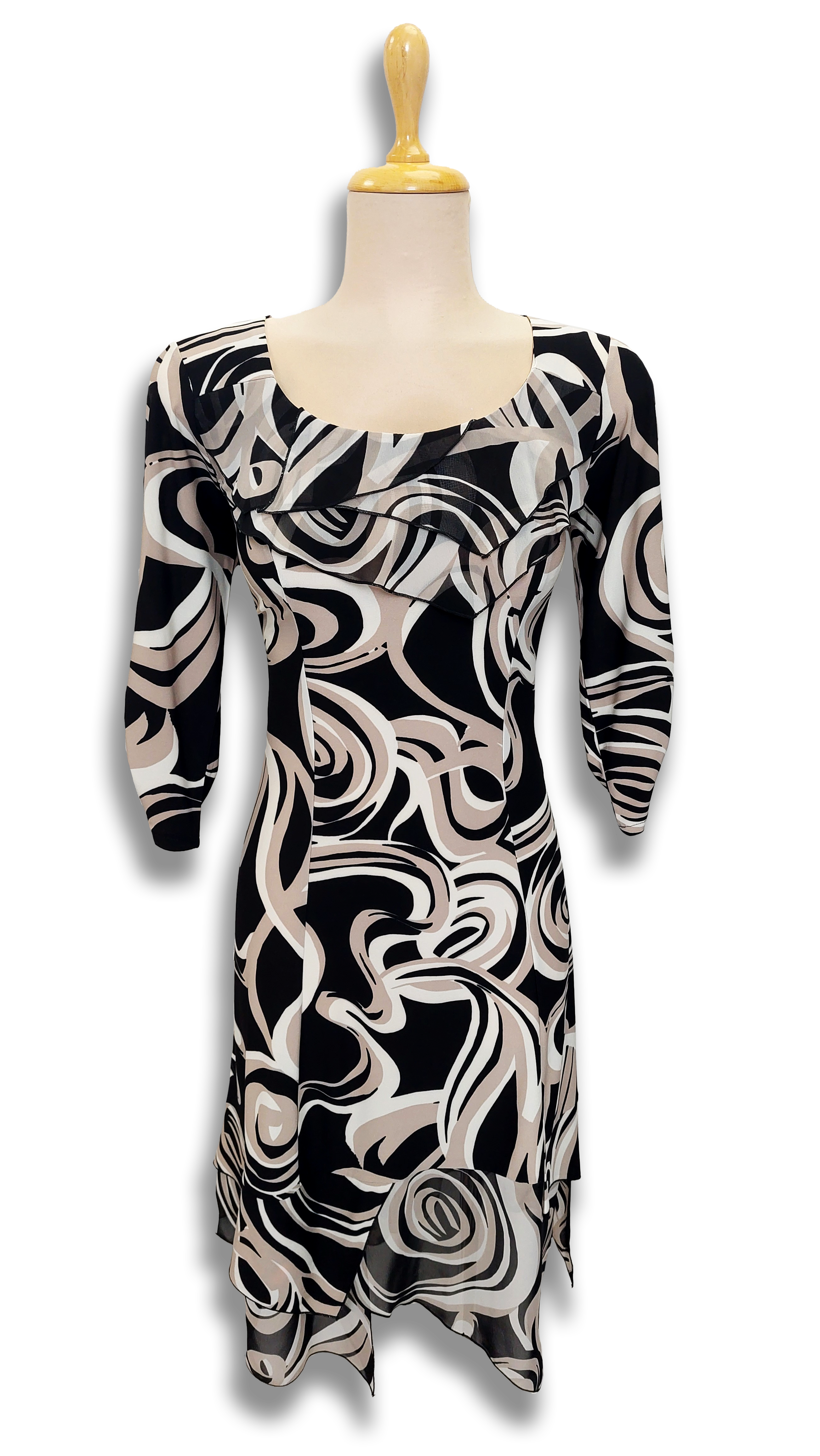 Anna 3/4 sleeve beige-black geometric dress product image