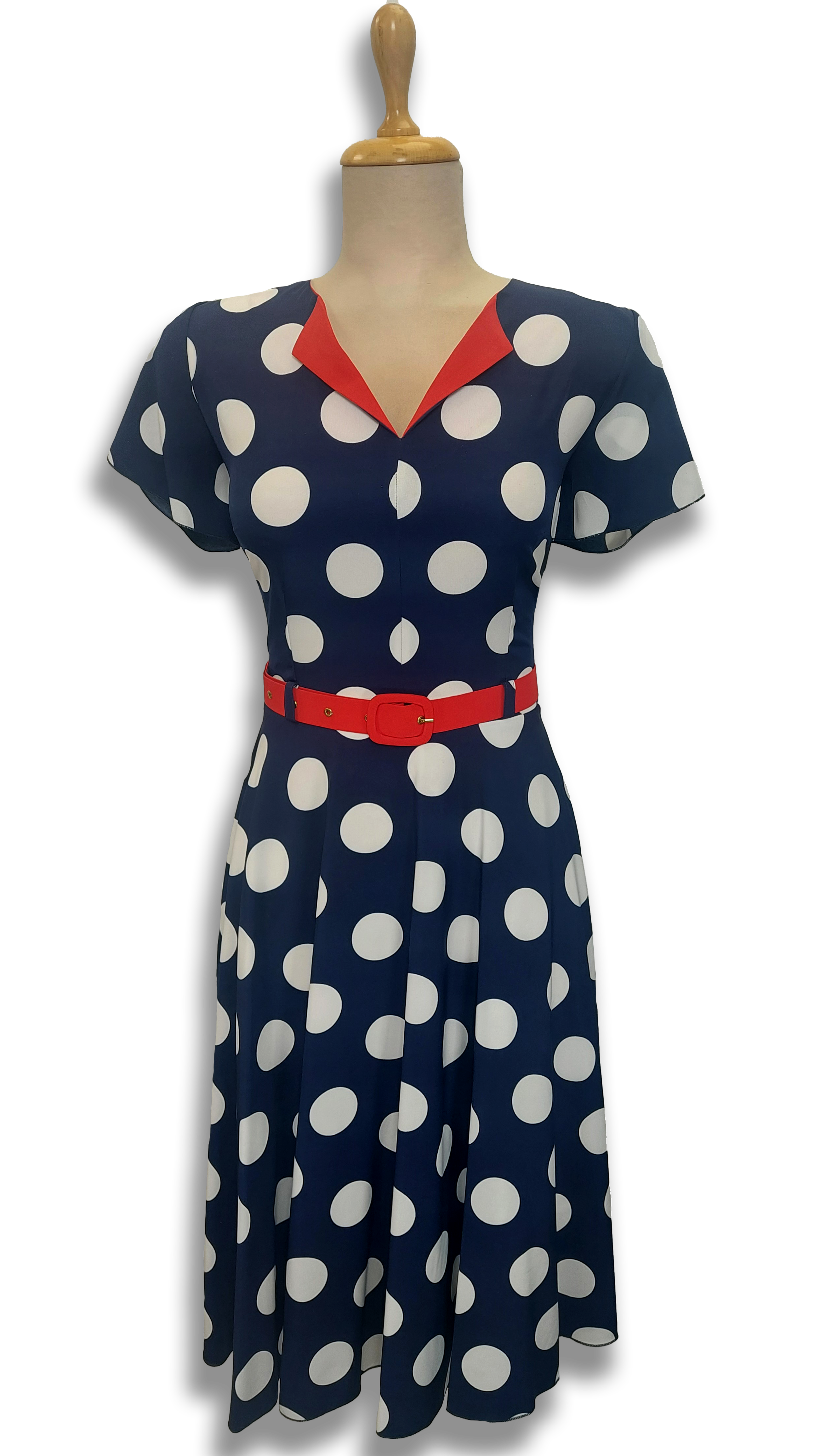 Petra has a dark blue polka dot belt dress product image