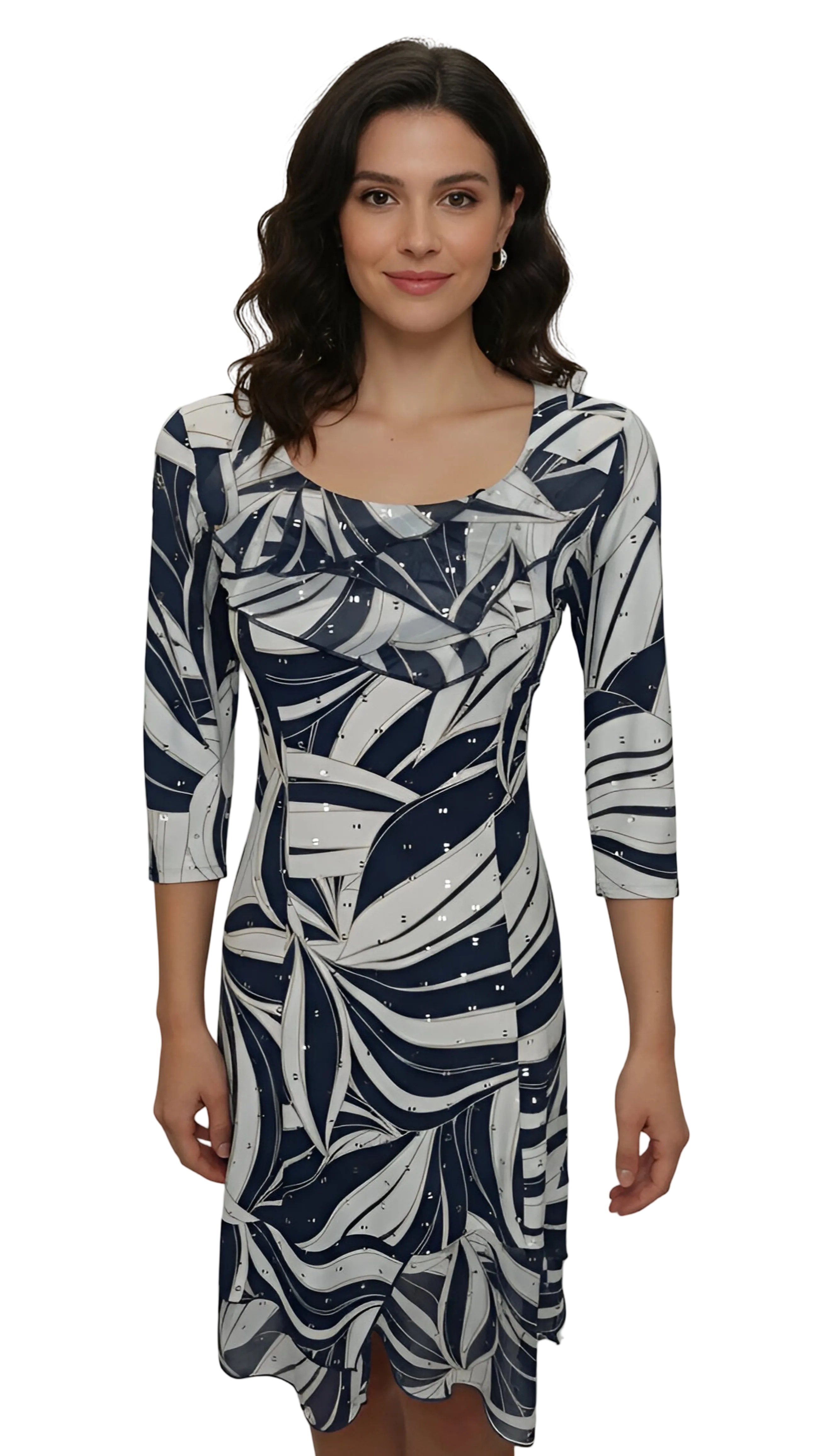 Anna 3/4 sleeve navy blue and white pattern dress product image