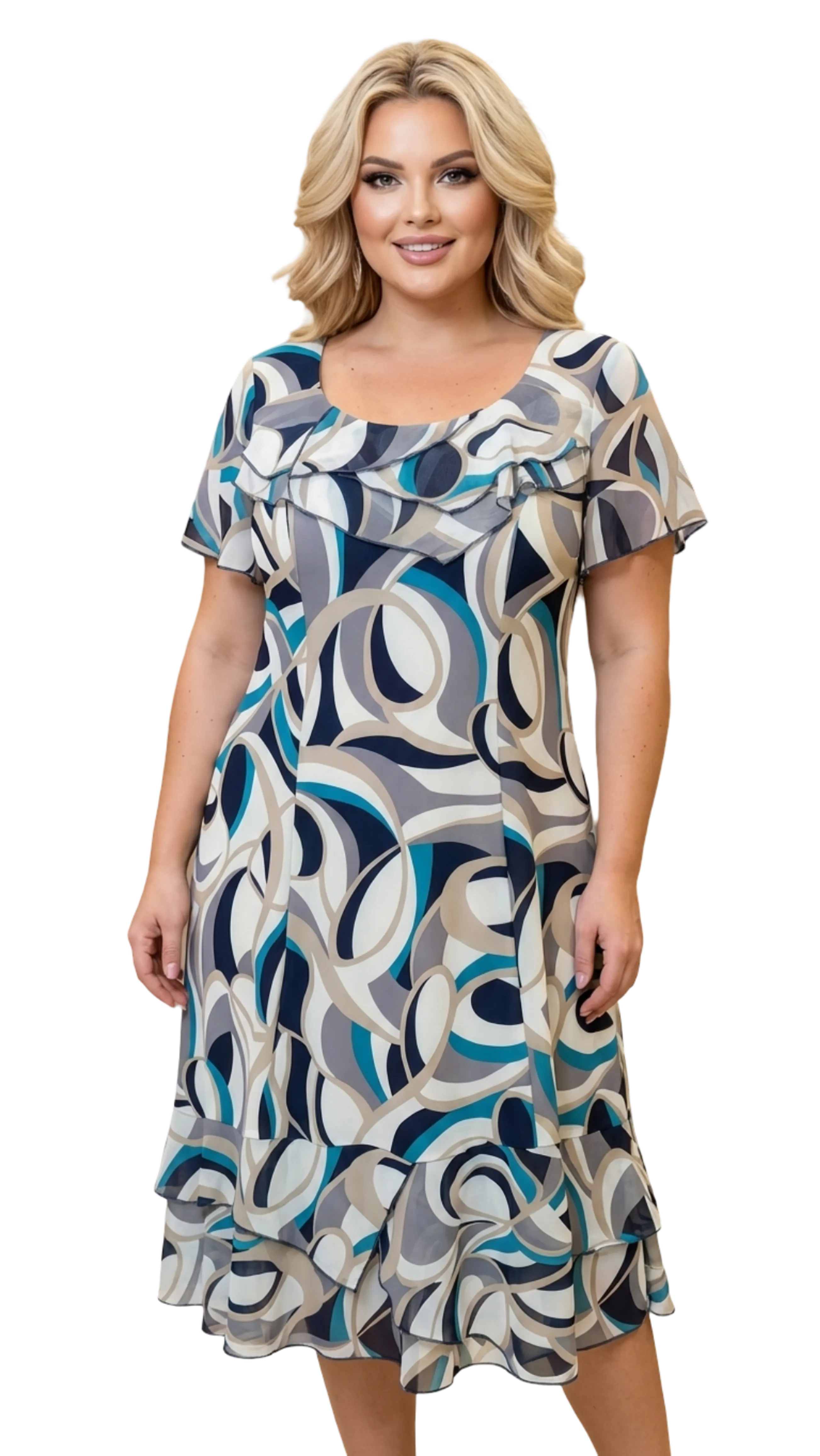 Anna dress with sleeves, cream-green pattern dress product image