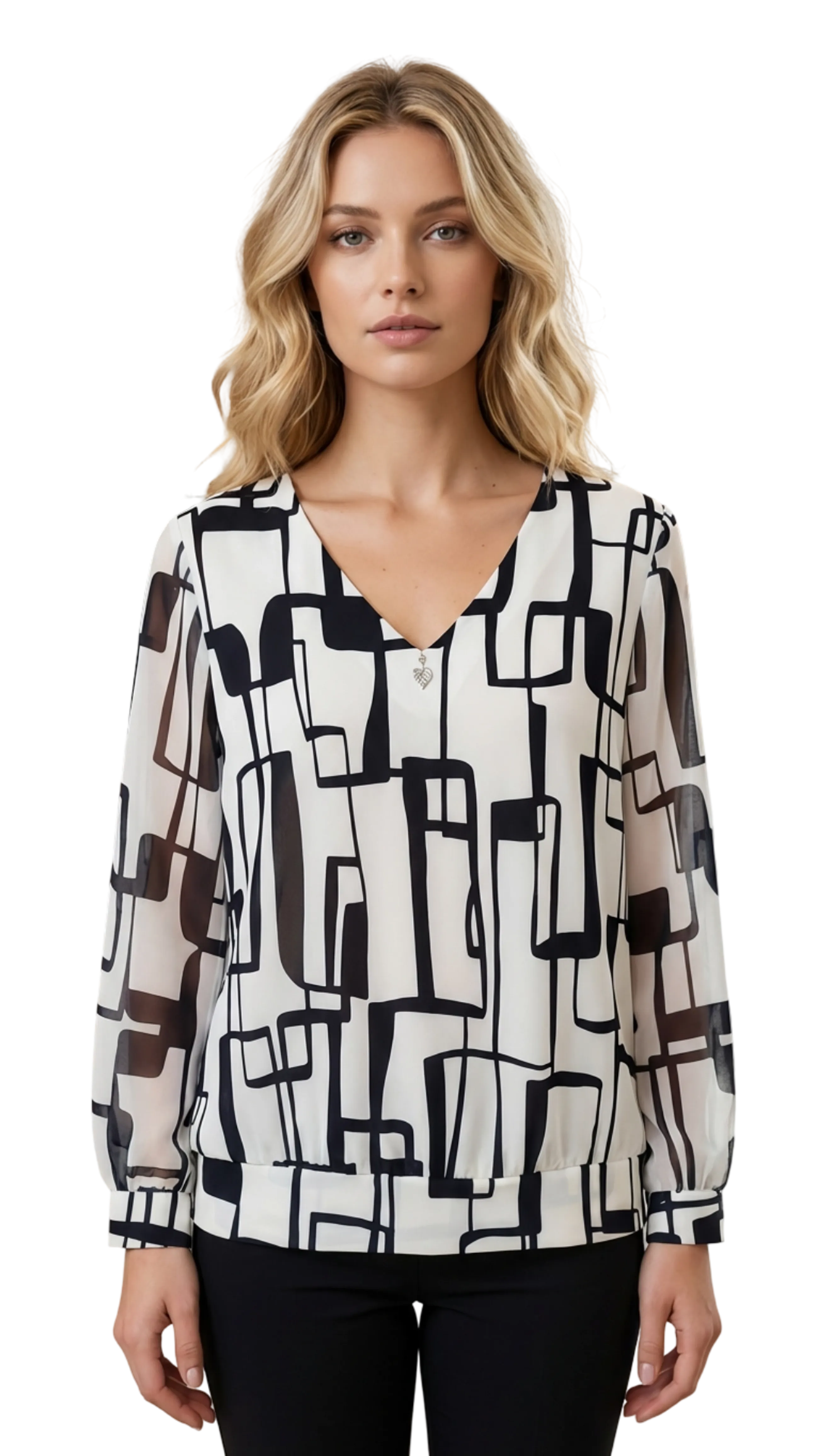 Magda V-neck navy blue pattern blouse product image